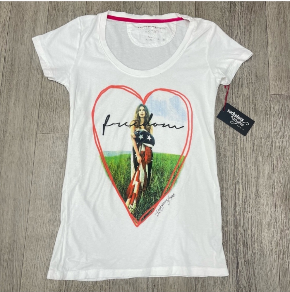New! Rockstars & Angels Freedom Women Patriotic Flag White Cotton Graphic Tee